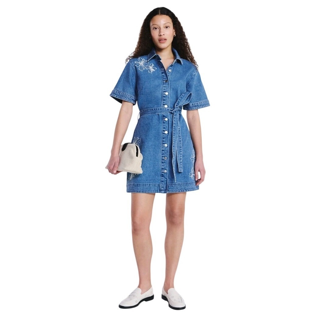 Free Assembly Nwt 48y Floral Embroidered Denim Mini Shirt Dress Medium Wash Xl